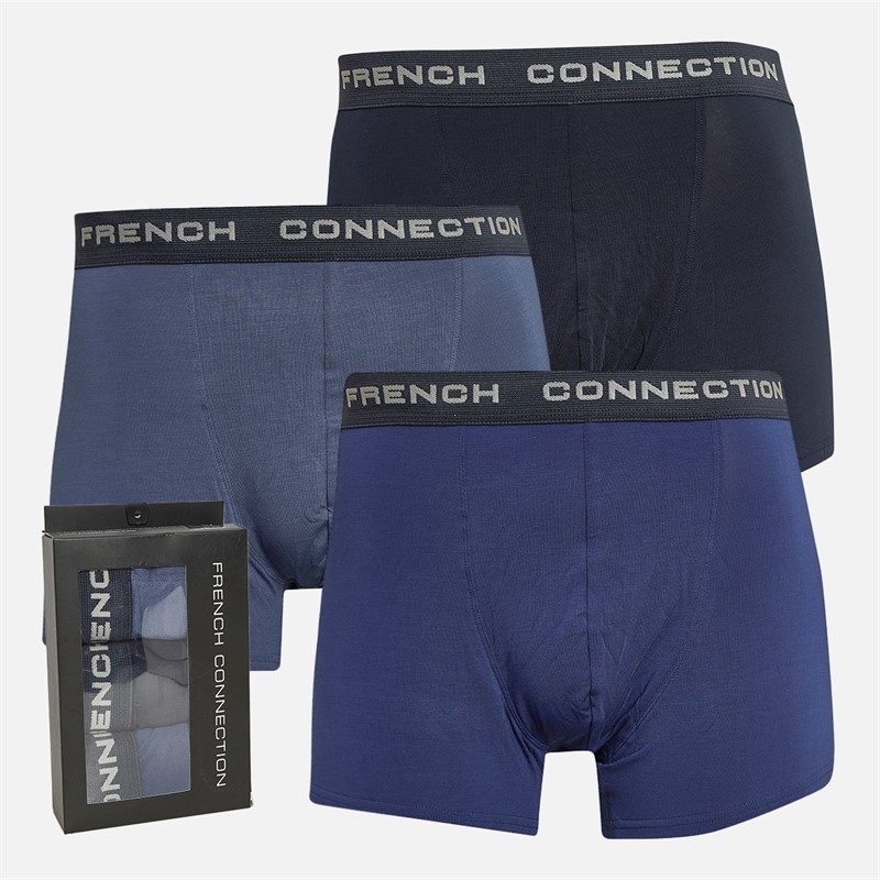 French Connection Mens Three Pack Modal Luxury Supersoft Trunks FC15 Marine/French Blue/Mid Blue Melange - Size L