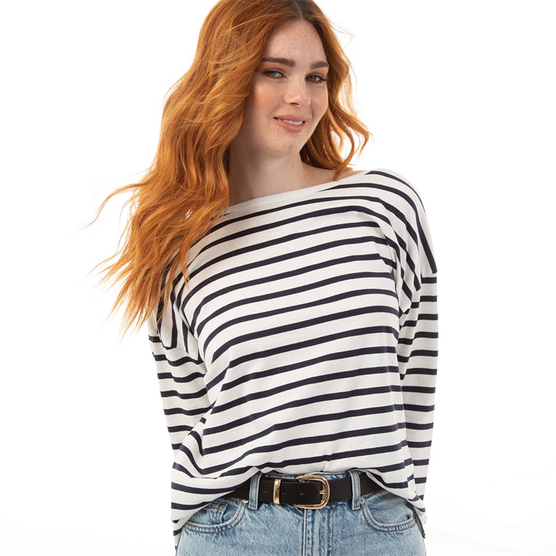 French Connection Womens Boat Neck Breton Long Sleeve Top Midnight/Winter White