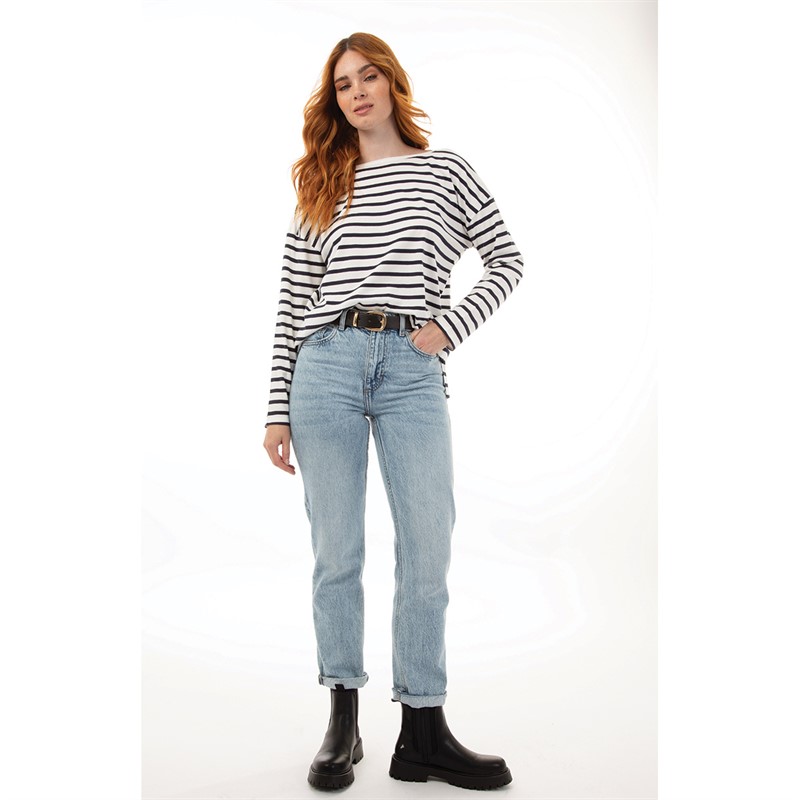 French Connection Womens Boat Neck Breton Long Sleeve Top Midnight/Winter White