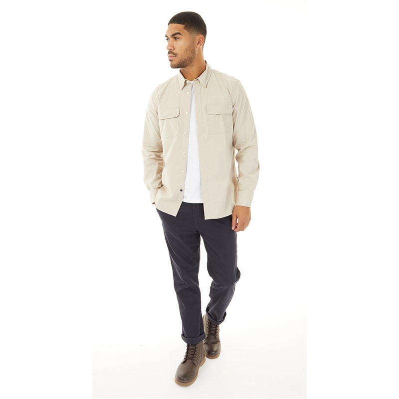 French Connection Mens Two Pockets Long Sleeve Oxford Overshirt Solid Stone