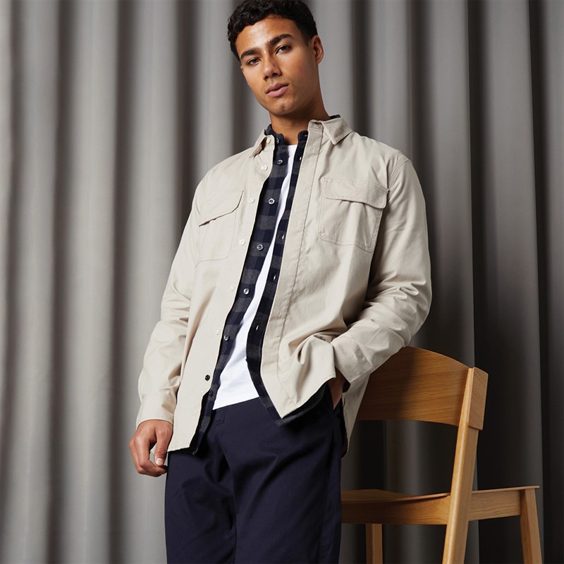 French Connection Mens Two Pockets Long Sleeve Oxford Overshirt Solid Stone