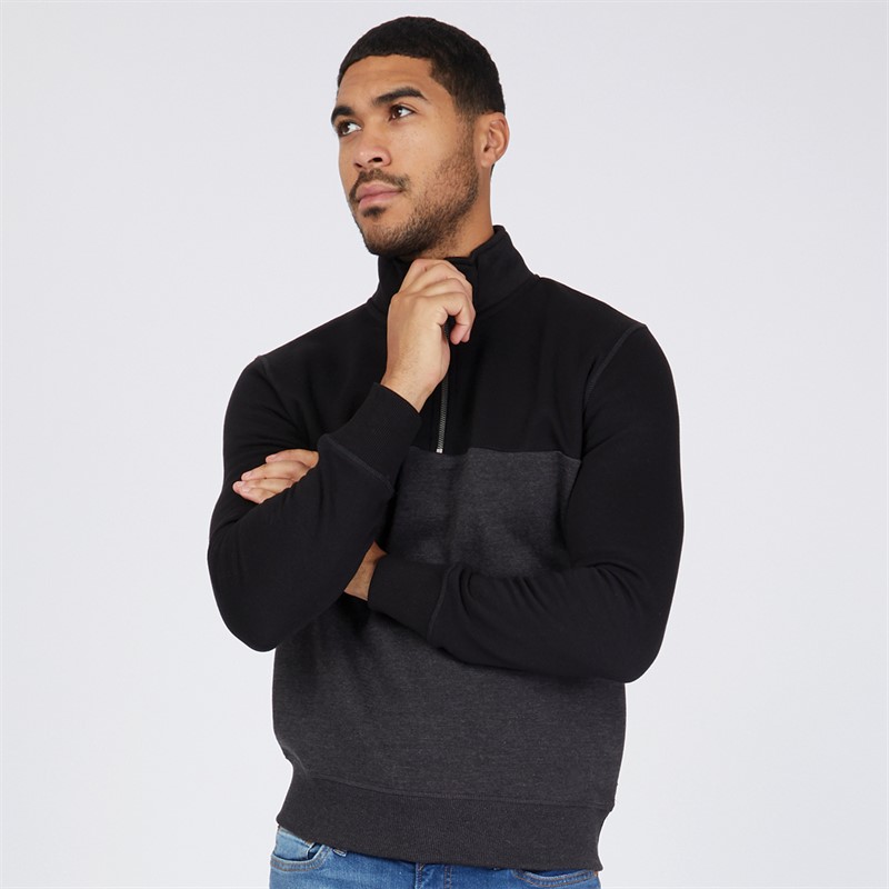 Buy French Connection Mens FC 1/2 Zip Block Sweatshirt Black/Charcoal Mel