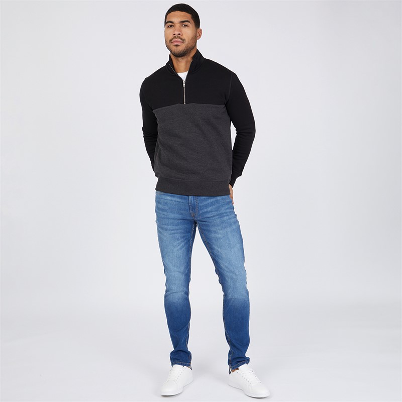 Buy French Connection Mens FC 1/2 Zip Block Sweatshirt Black/Charcoal Mel