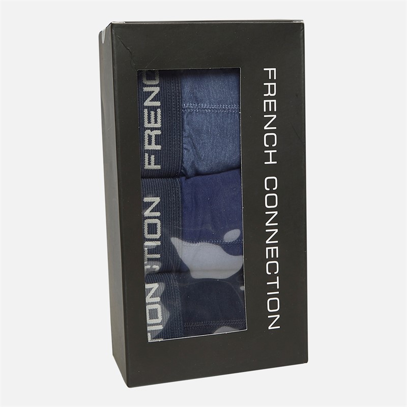 French Connection Mens Three Pack FC Long Boxer Trunks FC15 Marine/French Blue/Mid Blue Melange