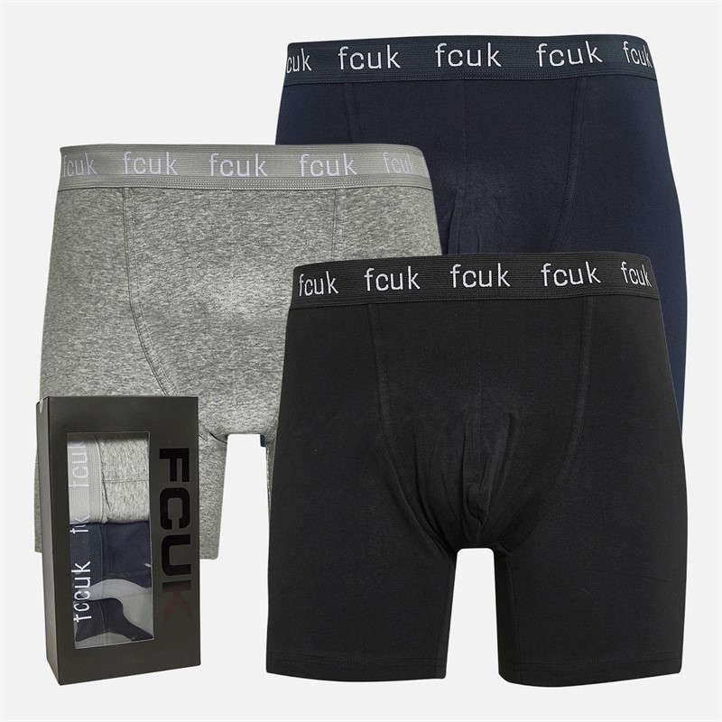 French Connection Mens Three Pack FCUK Long Boxer Trunks FCUK 80 Marine/Light Grey Marl/Black - Size L