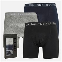 French Connection Mens Three Pack FCUK Long Boxer Trunks FCUK 80 Marine/Light Grey Marl/Black