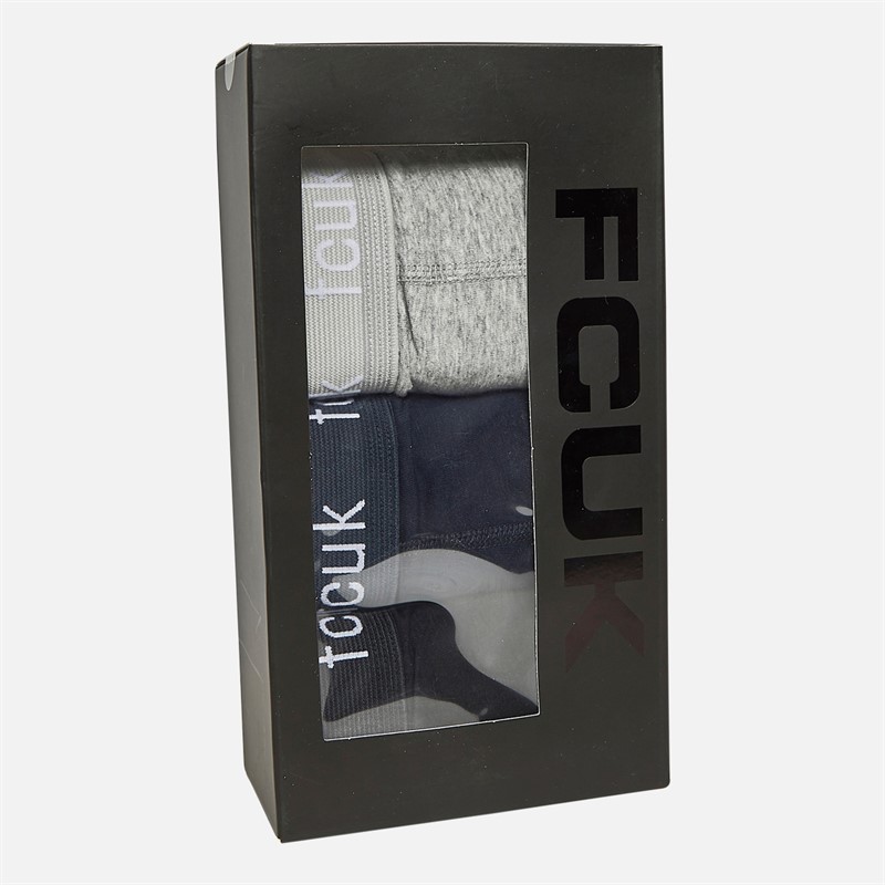 French Connection Mens Three Pack FCUK Long Boxer Trunks FCUK 80 Marine/Light Grey Marl/Black