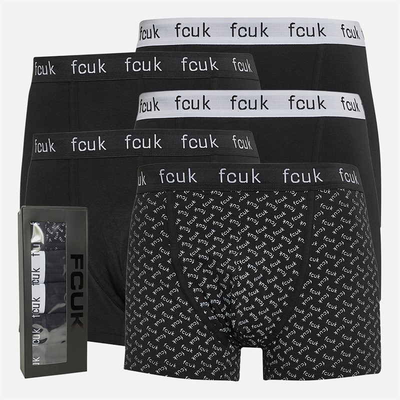 French Connection Mens Five Pack FCUK Boxers FCUK 32 Black/Black/Black/Black/Black White FCUK - Size M