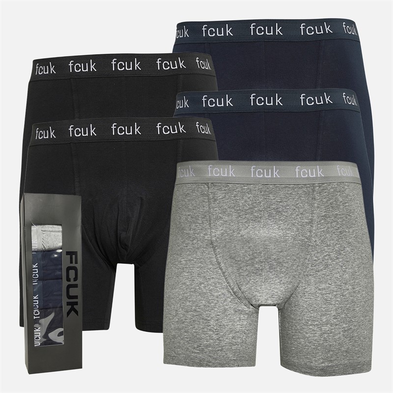 French Connection Heren Set van 5 FCUK Lange Boxer Trunks FCUK 80 Zwart/Marine/Licht Grijs Melange/Zwart/Marine - Maat XL