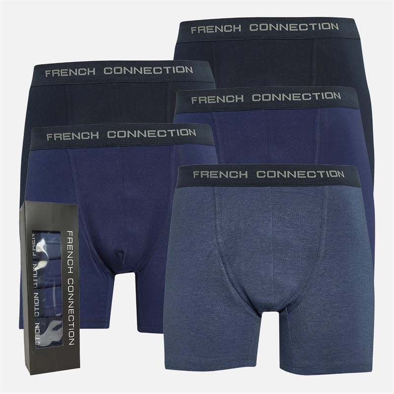 French Connection Herren Fünferpack FC Lange Boxershorts FC80 Marine / Französisch Blau / Mittelblau Melange / Marine / Französisch Blau