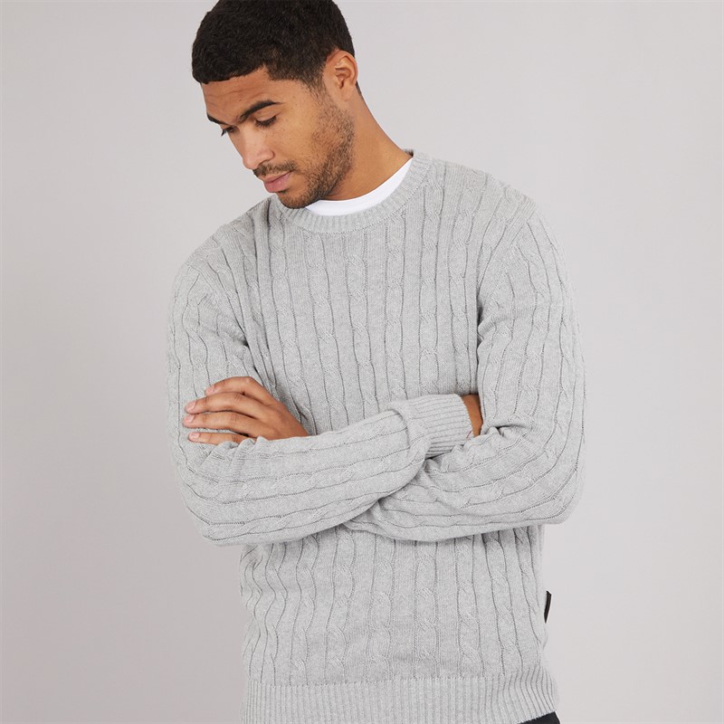 French Connection Mens Cotton Cable Crew Neck Jumper Light Grey Mel