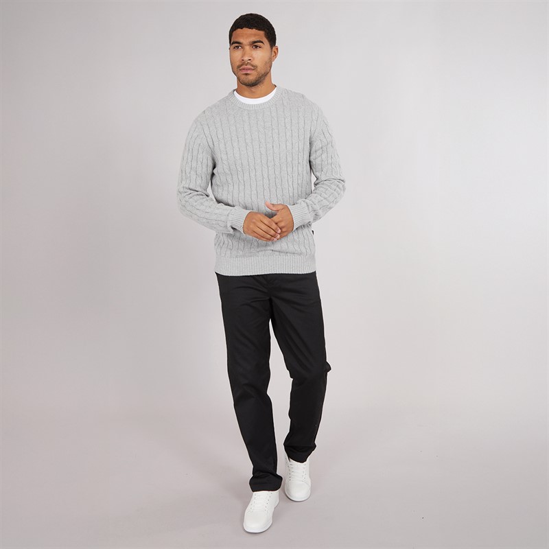 French Connection Mens Cotton Cable Crew Neck Jumper Light Grey Mel