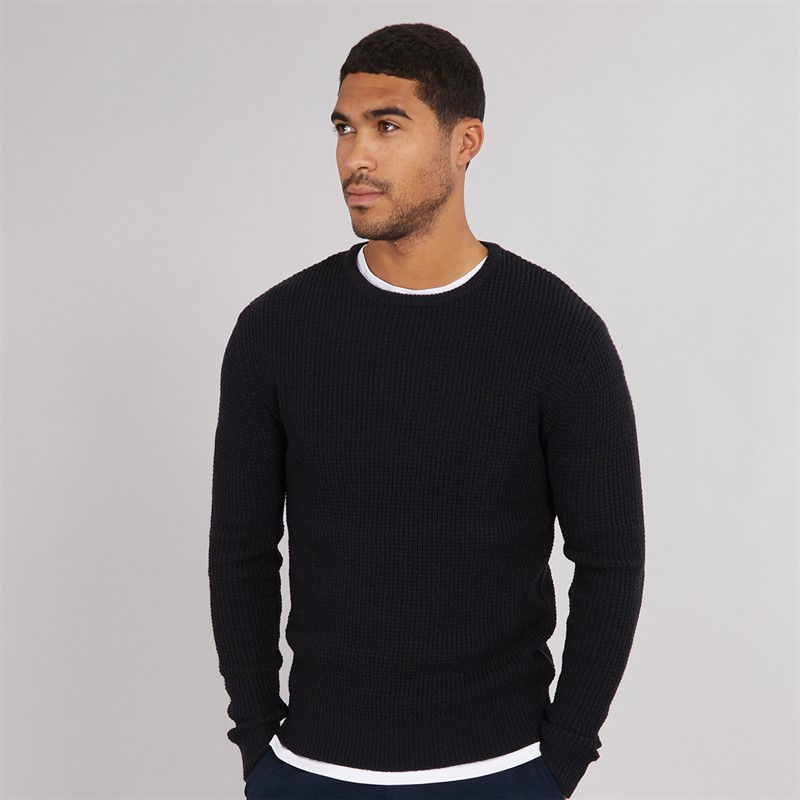 French Connection Mens Crew Neck Waffle Jumper Marine