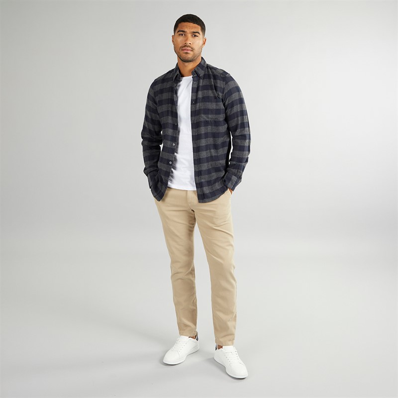 French Connection Mens Large Gingham Flannel Check Long Sleeve Shirt Charcoal Mel/Marine