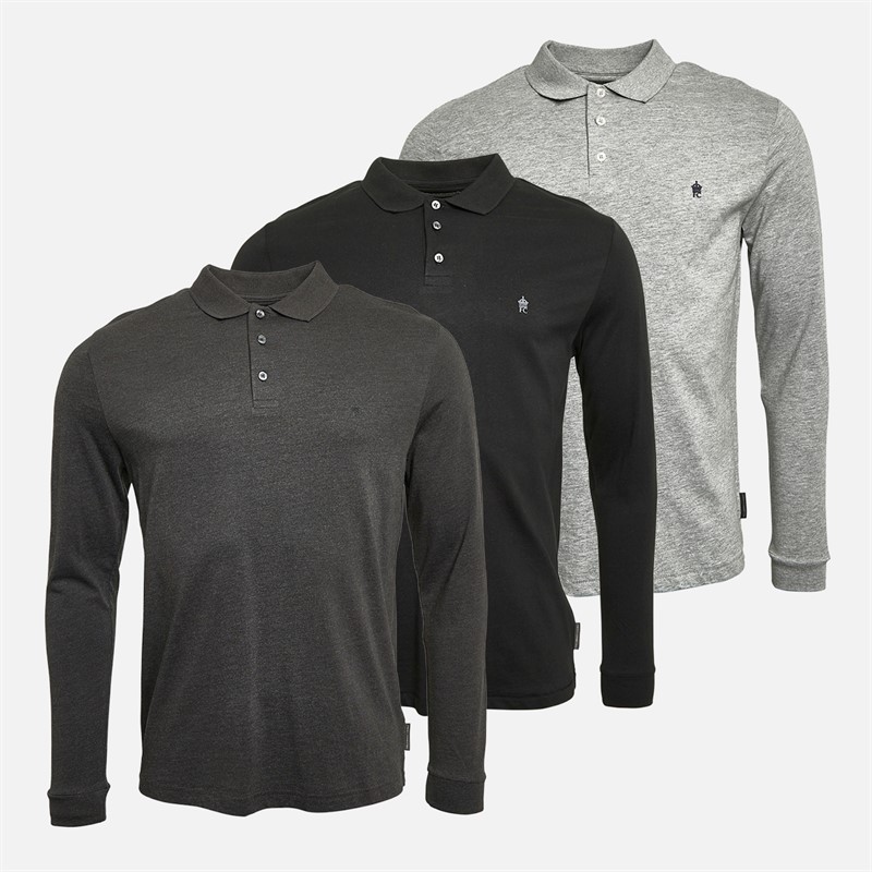 French Connection Mens Three Pack Long Sleeve Polo Shirts Multi 1 - Black/Charcoal Mel/Light Grey Marl