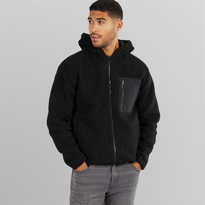 French Connection Mens Borg Pocket Zip Through Hoodie Black/Black/Black