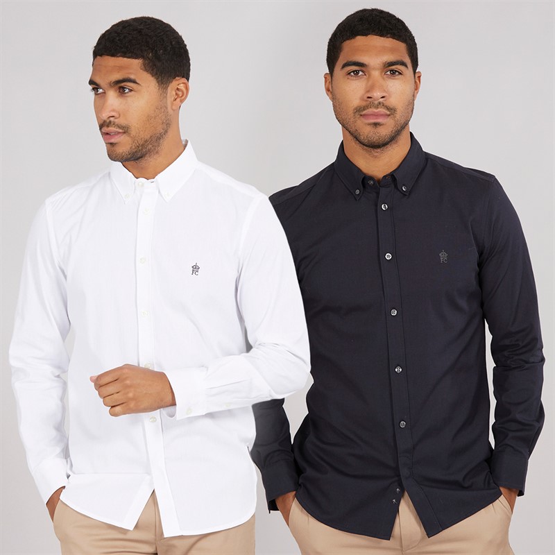 French Connection Mens Two Pack Long Sleeve Oxford Shirts White/Marine Solid