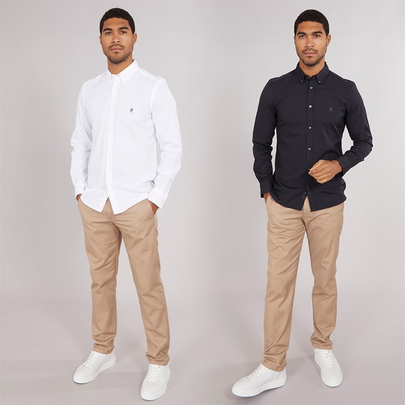 French Connection Mens Two Pack Long Sleeve Oxford Shirts White/Marine Solid