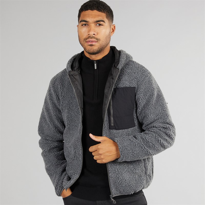 French Connection Mens Borg Pocket Zip Through Hoodie Mid Grey Mel/Black/Black