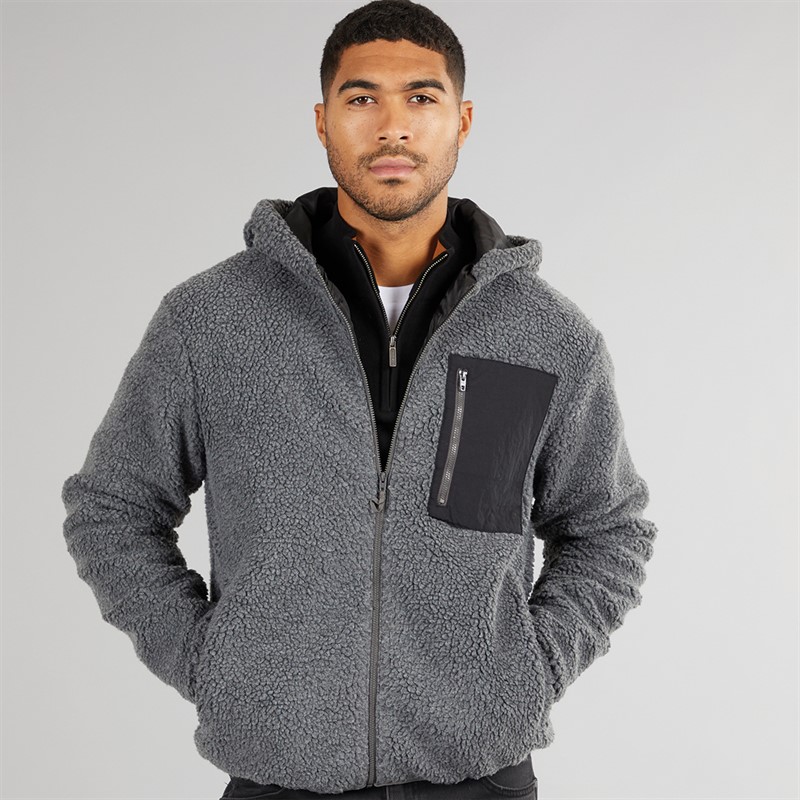 French Connection Mens Borg Pocket Zip Through Hoodie Mid Grey Mel/Black/Black