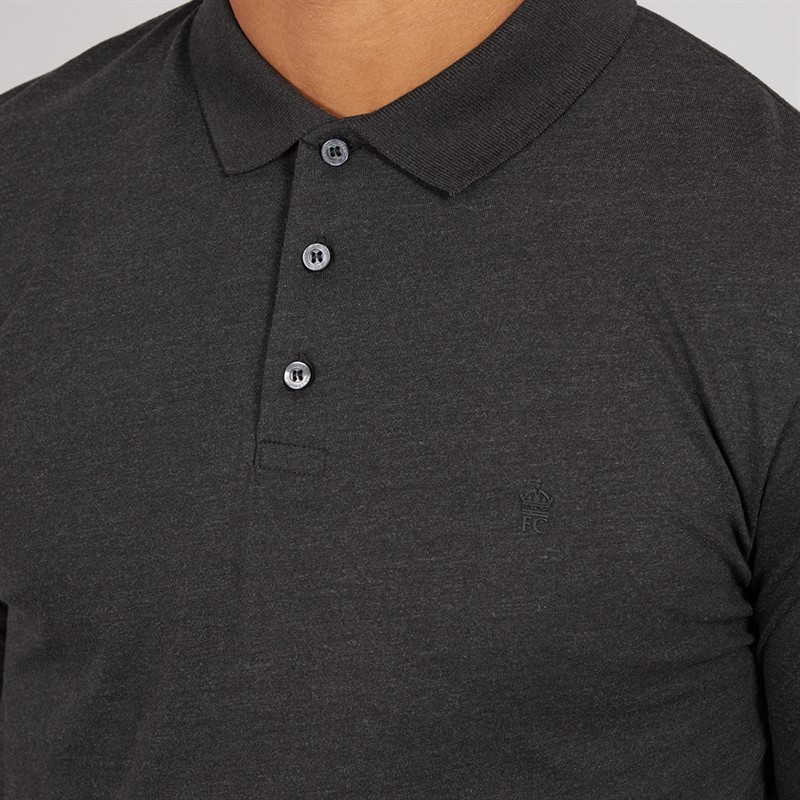 French Connection Mens Long Sleeve J Polo Shirt Charcoal Mel/Black