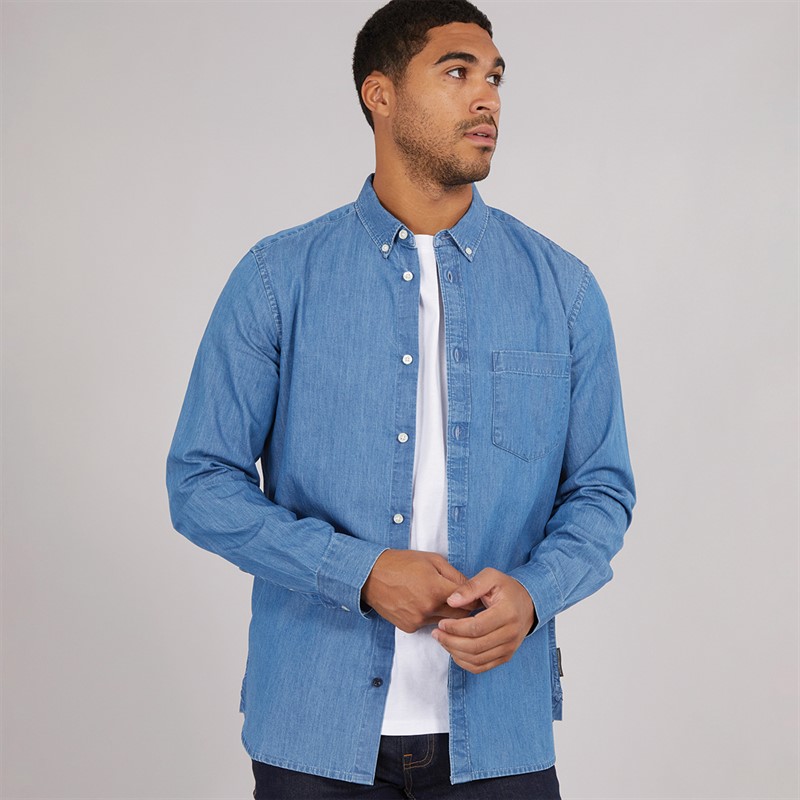 French Connection Mens Denim Long Sleeve Shirt Mid Wash
