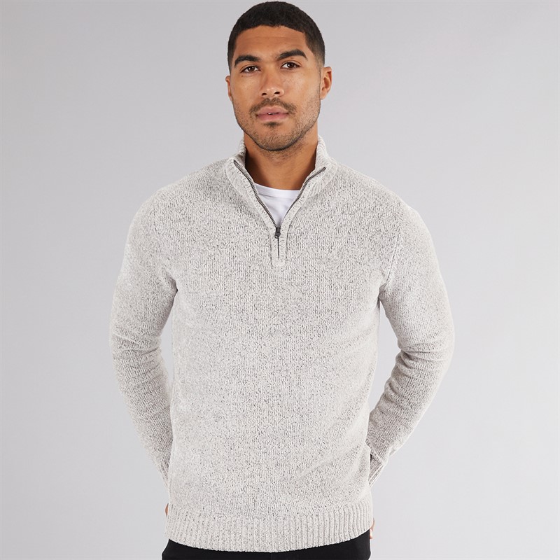 French Connection Mens 5 Chenille 1/2 Zip Jumper Light Grey Mel