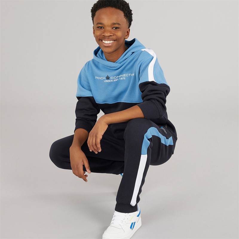 French Connection Boys Chopped Hoodie And Joggers Tracksuit Marine/Mid Blue