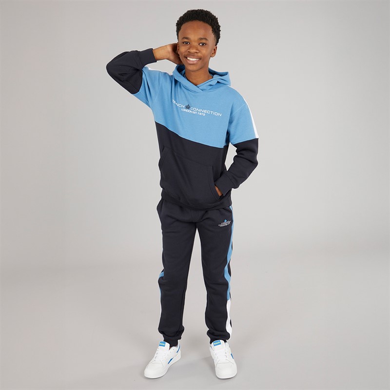 French Connection Boys Chopped Hoodie And Joggers Tracksuit Marine/Mid Blue