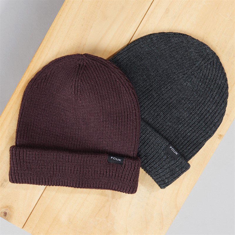 French Connection Mens FCUK Two Pack Beanies Charcoal Melange/Chateaux