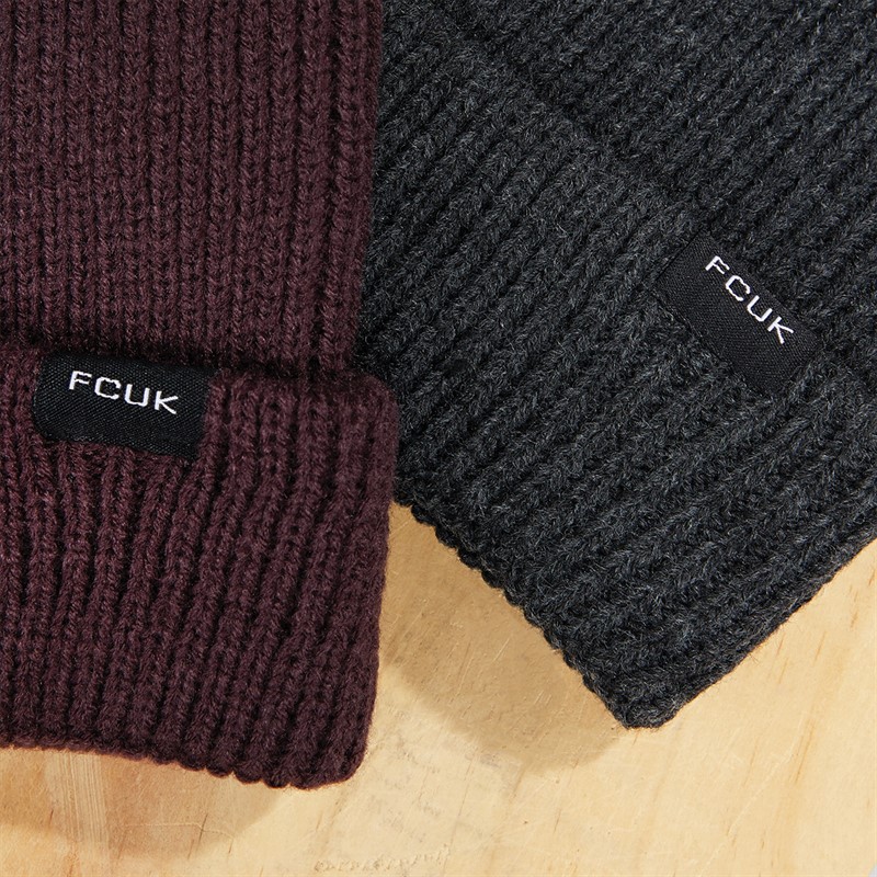 French Connection Mens FCUK Two Pack Beanies Charcoal Melange/Chateaux