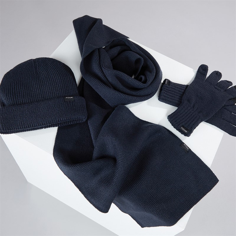 French Connection Mens FCUK Cash Beanie Scarf And Gloves Three Piece Set Marine