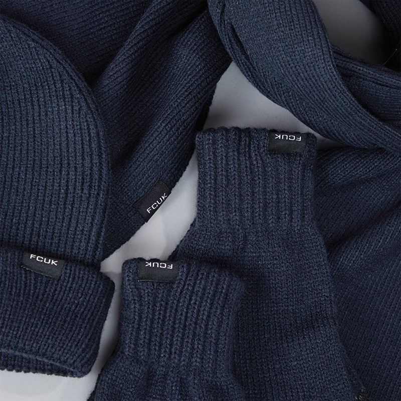 French Connection Mens FCUK Cash Beanie Scarf And Gloves Three Piece Set Marine