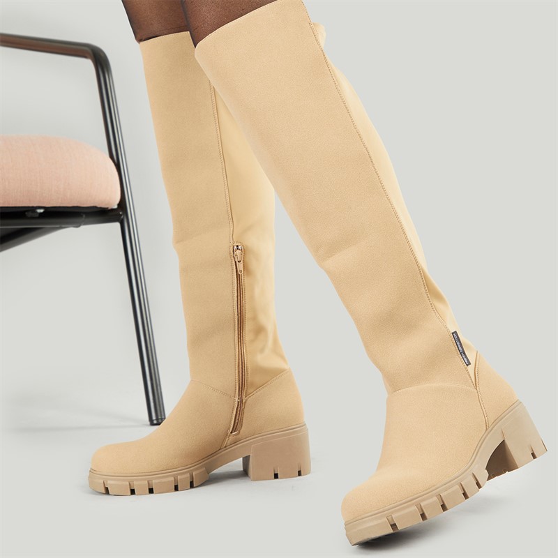 French Connection Womens Chunky Knee High Stretch Boots Stone - Size 3