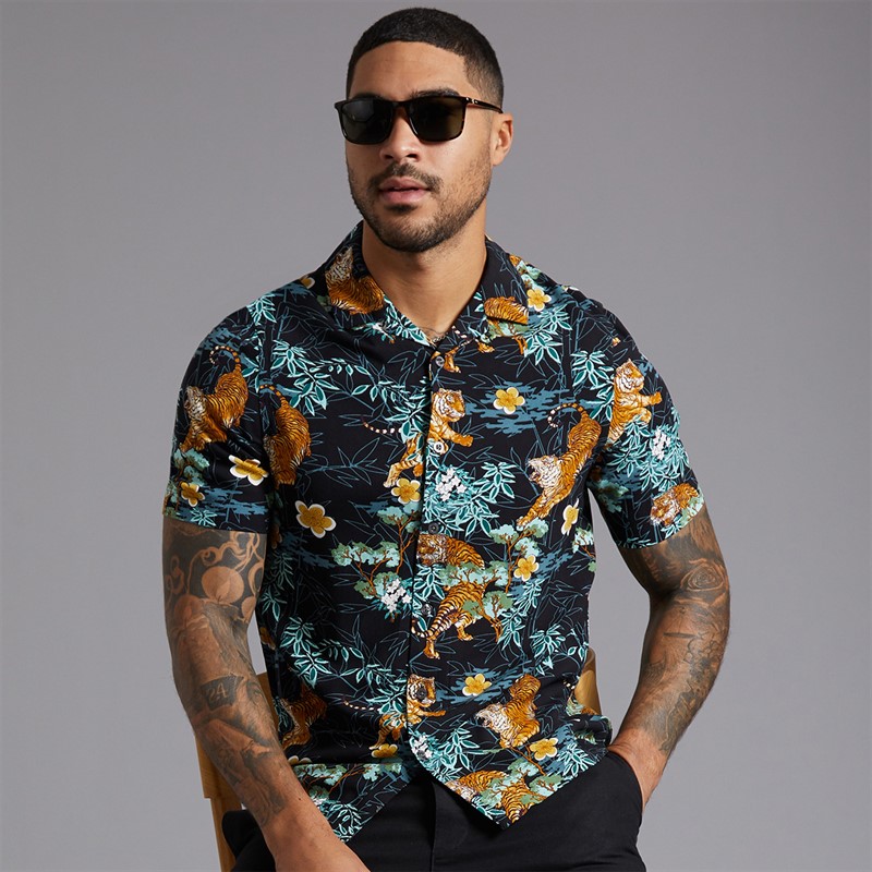 French Connection Mens Short Sleeve Tiger Bamboo Viscose Shirt Black