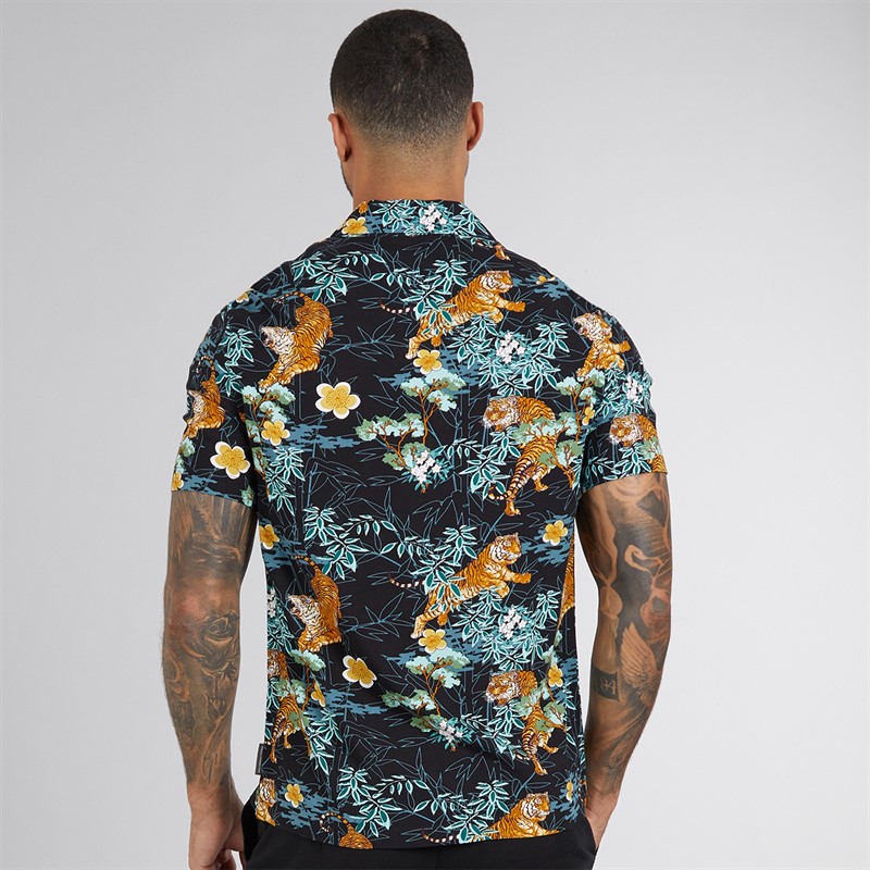 French Connection Mens Short Sleeve Tiger Bamboo Viscose Shirt Black