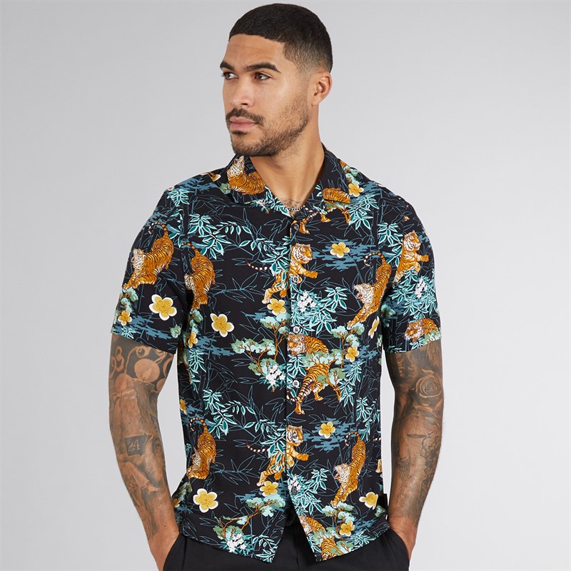 French Connection Mens Short Sleeve Tiger Bamboo Viscose Shirt Black