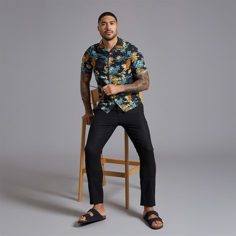 French Connection Mens Short Sleeve Tiger Bamboo Viscose Shirt Black