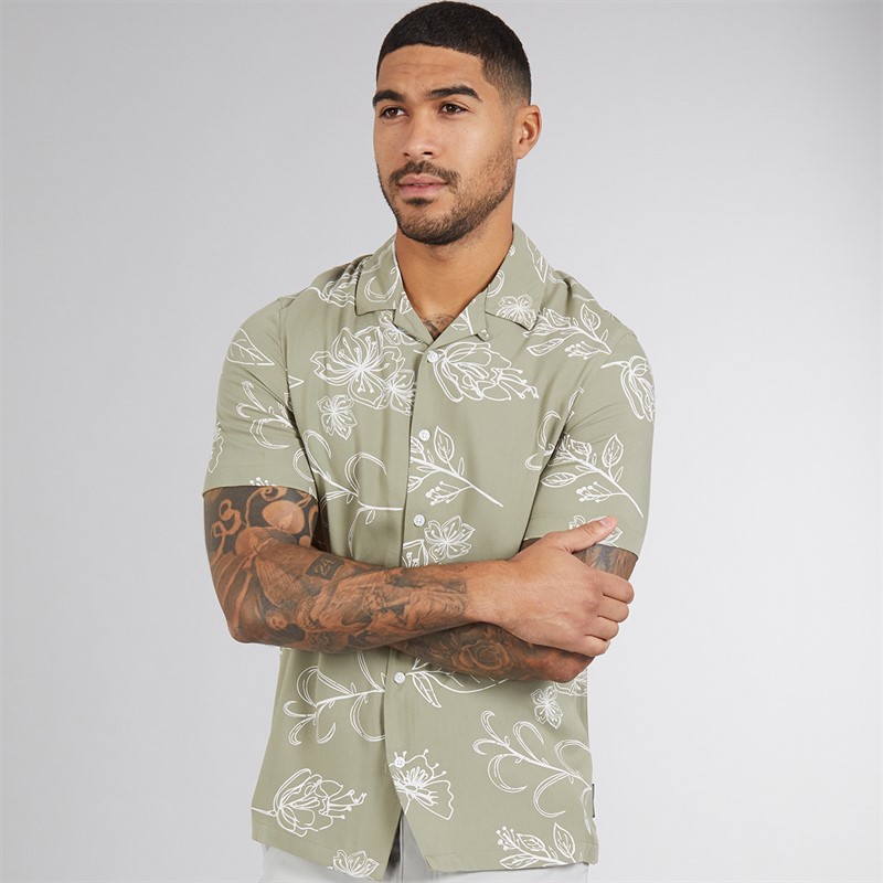 French Connection Mens Short Sleeve Floral Viscose Shirt Khaki