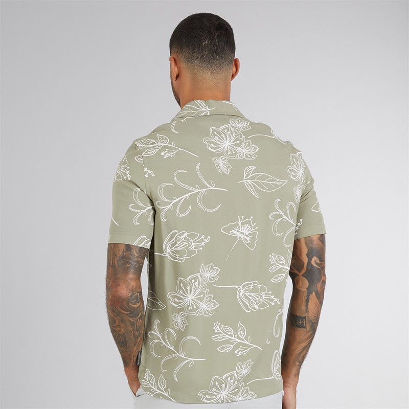 French Connection Mens Short Sleeve Floral Viscose Shirt Khaki