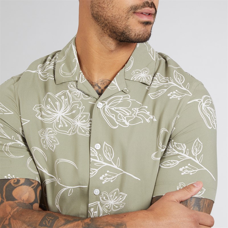French Connection Mens Short Sleeve Floral Viscose Shirt Khaki