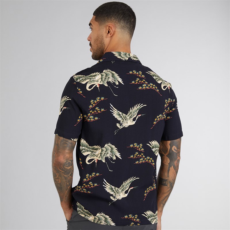 French Connection Mens Short Sleeve Bird Viscose Shirt Marine