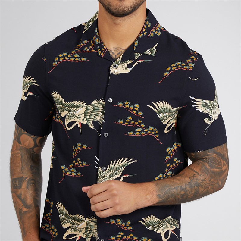 French Connection Mens Short Sleeve Bird Viscose Shirt Marine