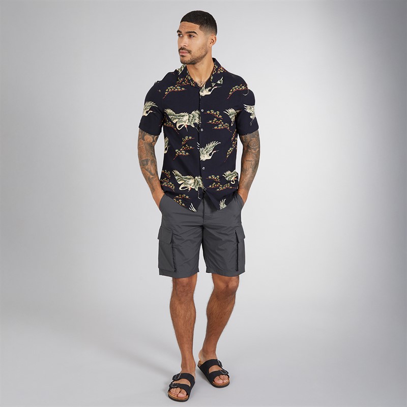 French Connection Mens Short Sleeve Bird Viscose Shirt Marine