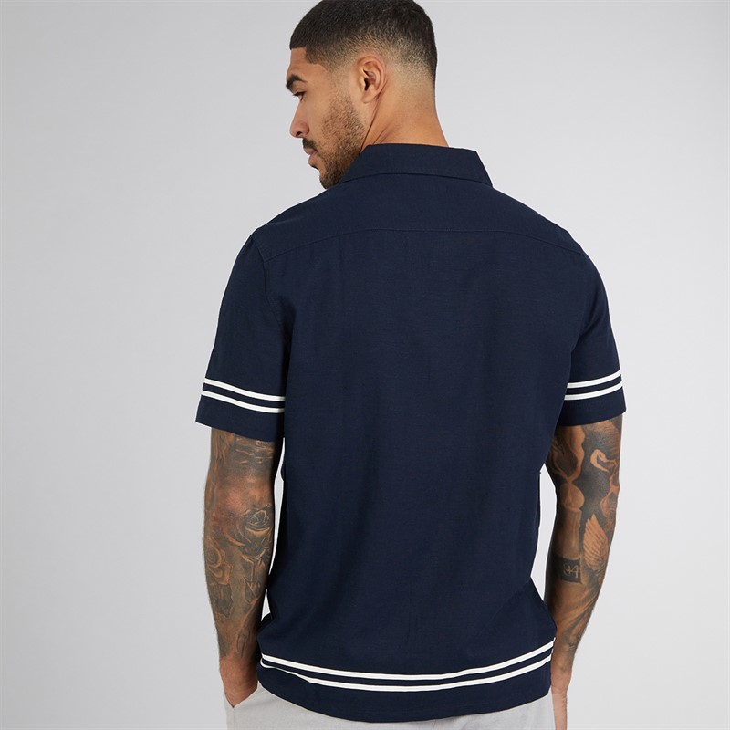 French Connection Mens Short Sleeve Linen Stripe Trim Shirt Marine