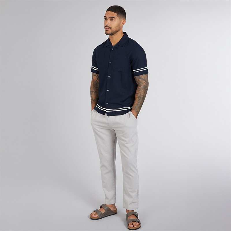 French Connection Mens Short Sleeve Linen Stripe Trim Shirt Marine