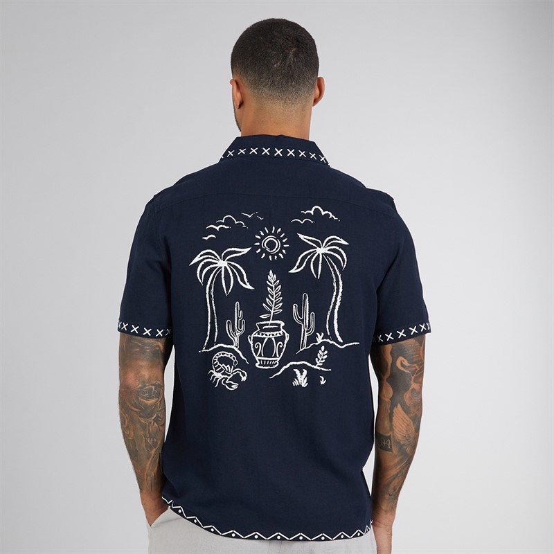 French Connection Mens Short Sleeve Palm Tree Linen Shirt Marine