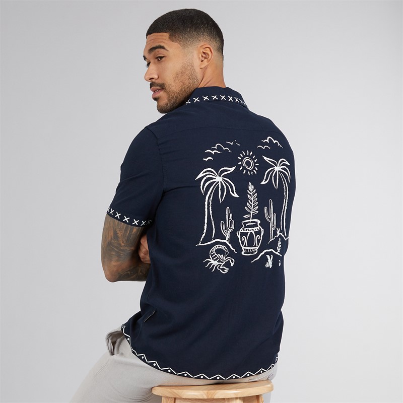 French Connection Mens Short Sleeve Palm Tree Linen Shirt Marine