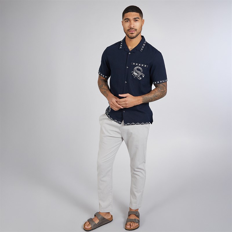 French Connection Mens Short Sleeve Palm Tree Linen Shirt Marine