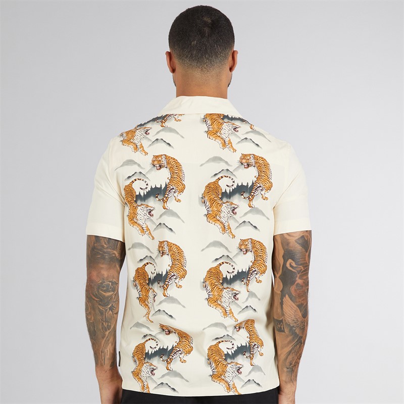 French Connection Mens Short Sleeve Tiger Mountain Viscose Shirt Cream